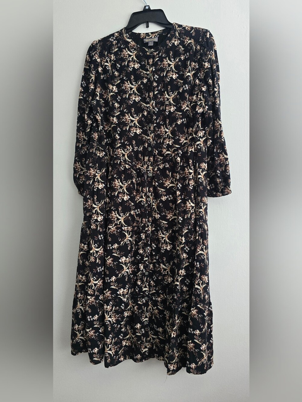 Style & Co. Women's Black Floral Round Neck 3/4 Puff Sleeve Midi Dress PL